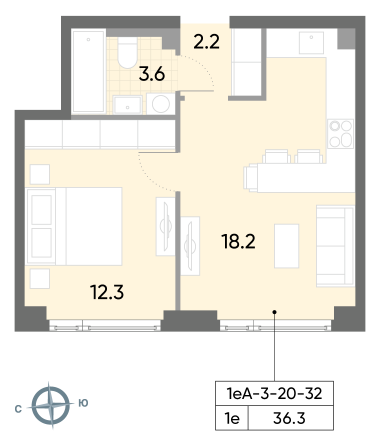 1 комн. квартира, 36.3 м², 31 этаж 