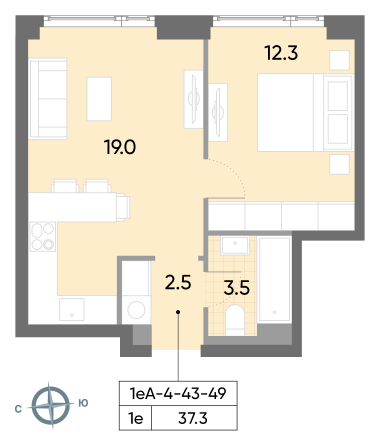 1 комн. квартира, 37.3 м², 43 этаж 