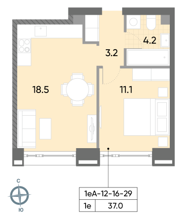 1 комн. квартира, 37 м², 22 этаж 