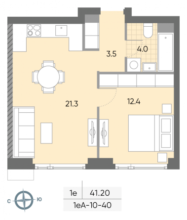 1 комн. квартира, 41.2 м², 40 этаж 