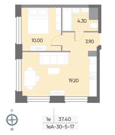 1 комн. квартира, 37.4 м², 10 этаж 