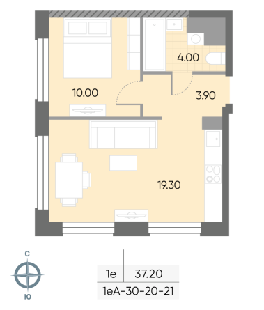 1 комн. квартира, 37.2 м², 21 этаж 