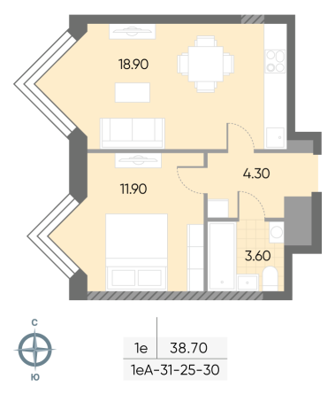 1 комн. квартира, 38.7 м², 25 этаж 