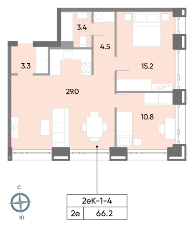 2 комн. квартира, 66.2 м², 4 этаж 