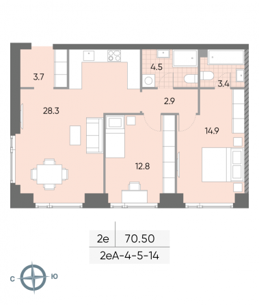 2 комн. квартира, 70.5 м², 5 этаж 