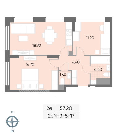 2 комн. квартира, 57.2 м², 6 этаж 