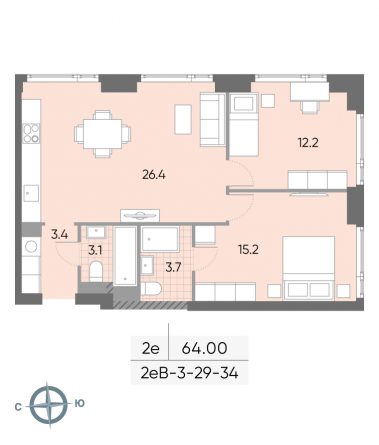 2 комн. квартира, 64 м², 32 этаж 