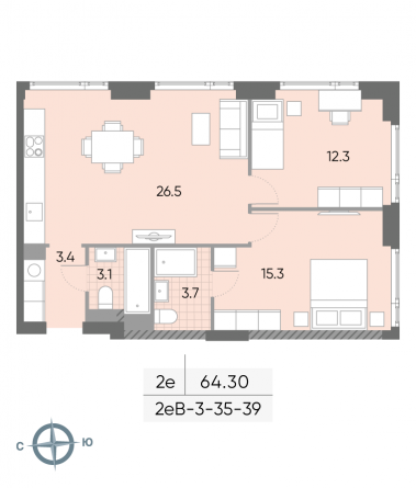 2 комн. квартира, 64.3 м², 38 этаж 