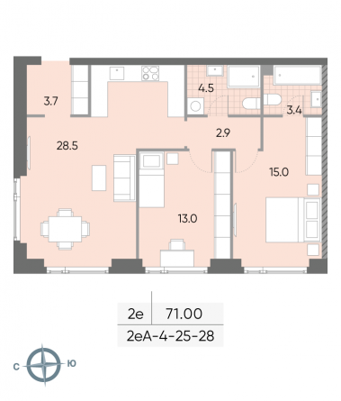 2 комн. квартира, 71 м², 26 этаж 