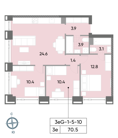 3 комн. квартира, 70.5 м², 8 этаж 