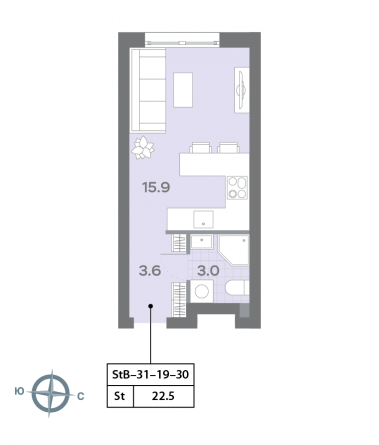студия, 22.5 м², 22 этаж 