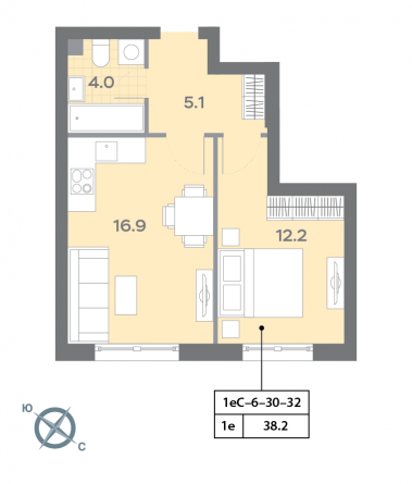 1 комн. квартира, 38.1 м², 32 этаж 