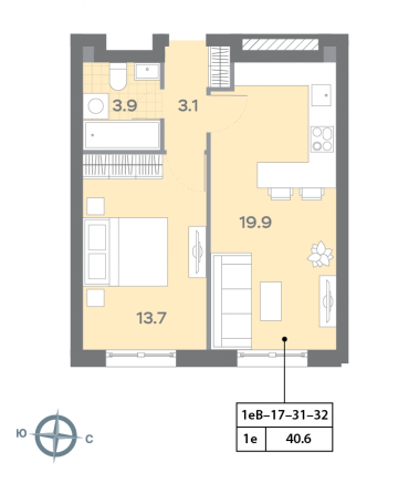1 комн. квартира, 40.7 м², 32 этаж 