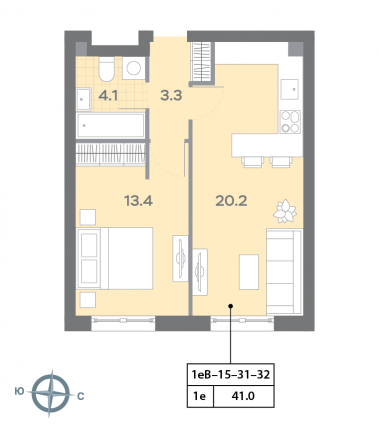 1 комн. квартира, 41.2 м², 32 этаж 