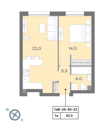 1 комн. квартира, 43.3 м², 32 этаж 