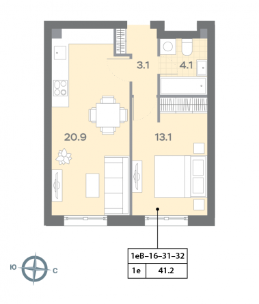 1 комн. квартира, 41.3 м², 32 этаж 