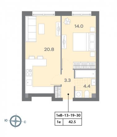 1 комн. квартира, 42.4 м², 27 этаж 