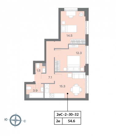 2 комн. квартира, 54.7 м², 32 этаж 