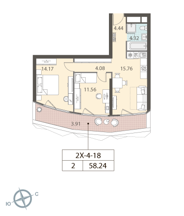 2 комн. квартира, 59.3 м², 18 этаж 