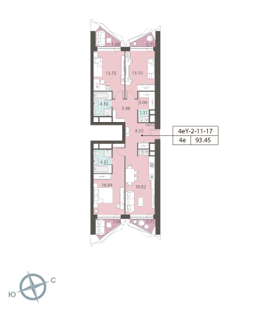 3 комн. квартира, 93.9 м², 12 этаж 