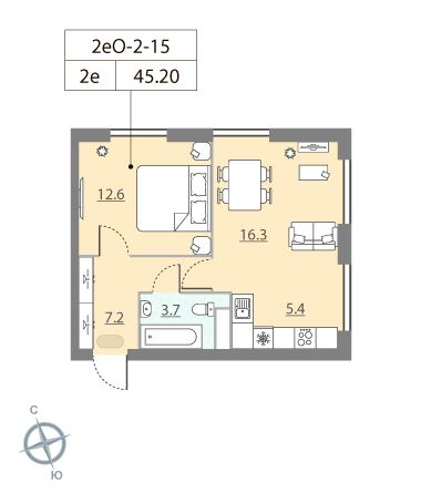1 комн. квартира, 45.1 м², 15 этаж 