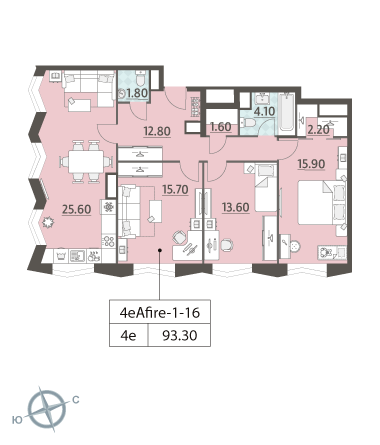 3 комн. квартира, 93.2 м², 16 этаж 