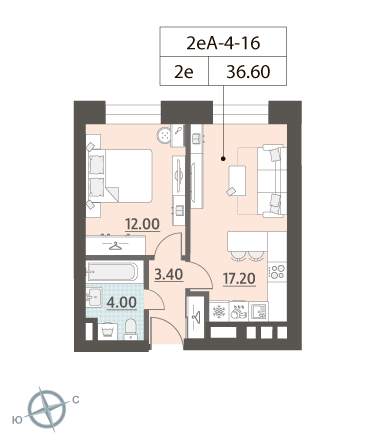 1 комн. квартира, 36.6 м², 16 этаж 