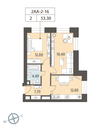 2 комн. квартира, 53.3 м², 16 этаж 