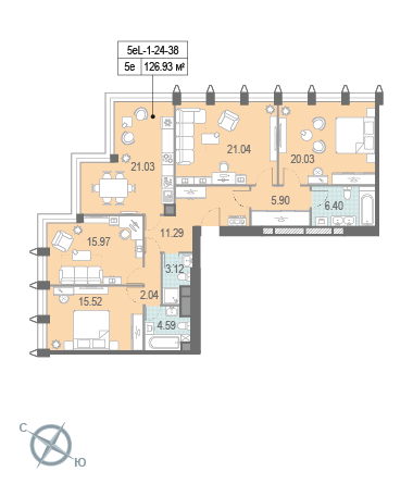 4 комн. квартира, 129.3 м², 32 этаж 