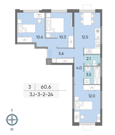 3 комн. квартира, 60.6 м², 2 этаж 