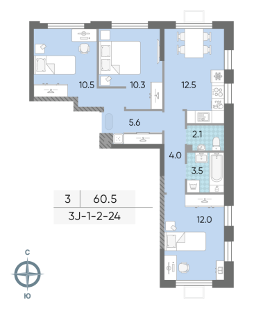 3 комн. квартира, 60.5 м², 10 этаж 