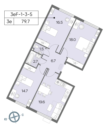 3 комн. квартира, 79.7 м², 4 этаж 