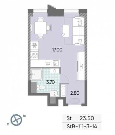 студия, 23.5 м², 14 этаж 