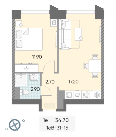 1 комн. квартира, 34.7 м², 15 этаж 