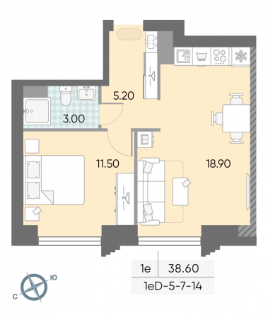 1 комн. квартира, 38.6 м², 13 этаж 