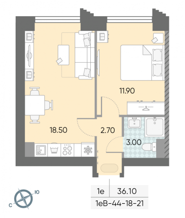 1 комн. квартира, 36.1 м², 18 этаж 