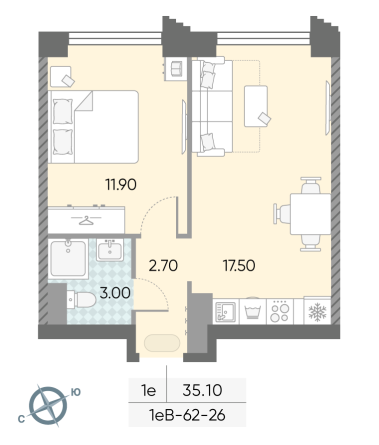 1 комн. квартира, 35.1 м², 26 этаж 