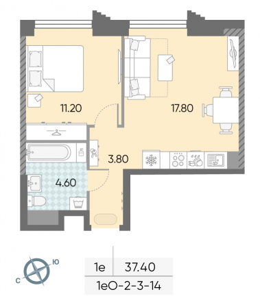 1 комн. квартира, 37.4 м², 8 этаж 
