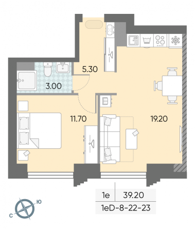 1 комн. квартира, 39.2 м², 22 этаж 