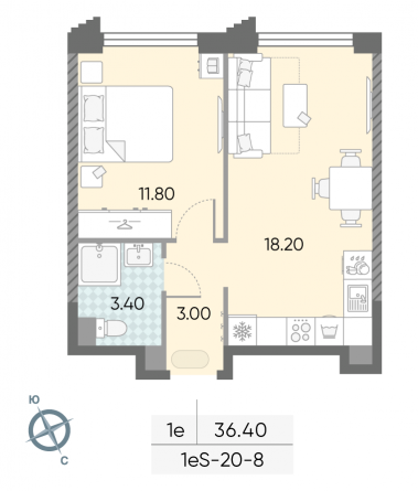 1 комн. квартира, 36.4 м², 8 этаж 