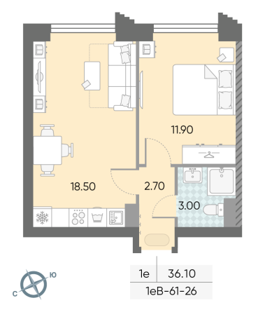 1 комн. квартира, 36.1 м², 26 этаж 