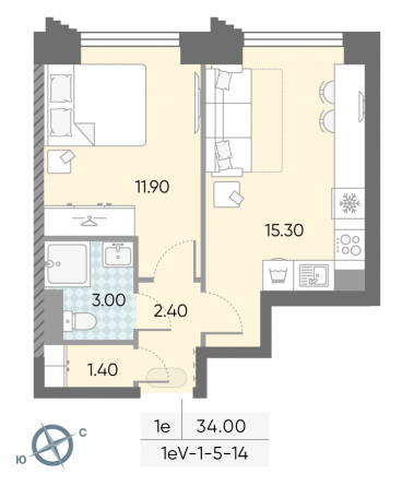 1 комн. квартира, 34 м², 8 этаж 