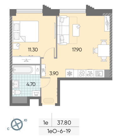 1 комн. квартира, 37.8 м², 19 этаж 
