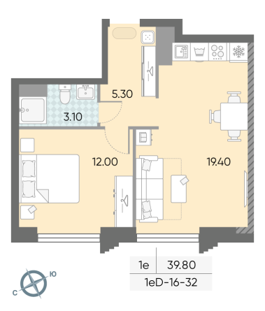 1 комн. квартира, 39.8 м², 32 этаж 