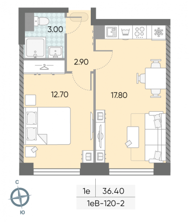 1 комн. квартира, 36.4 м², 2 этаж 