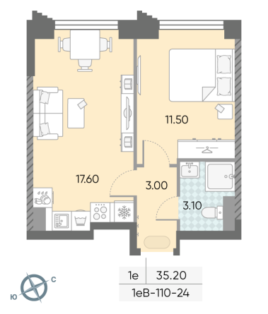 1 комн. квартира, 35.2 м², 24 этаж 