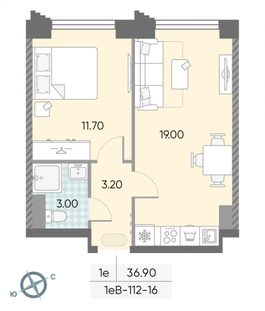 1 комн. квартира, 36.9 м², 16 этаж 