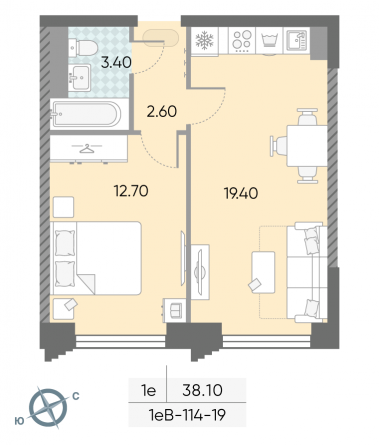 1 комн. квартира, 38.1 м², 19 этаж 