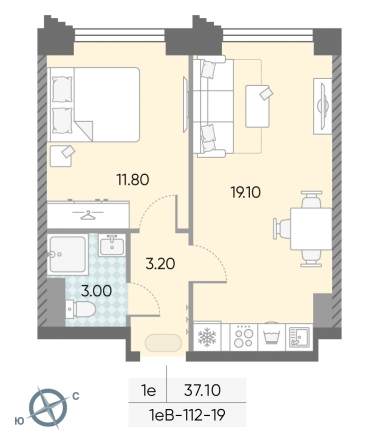 1 комн. квартира, 37.1 м², 19 этаж 