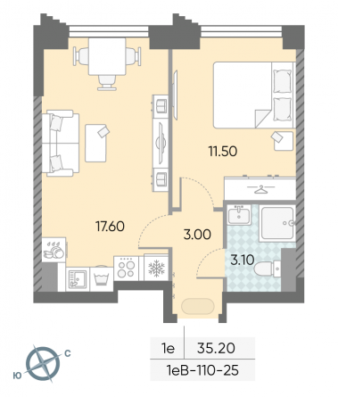 1 комн. квартира, 35.2 м², 25 этаж 